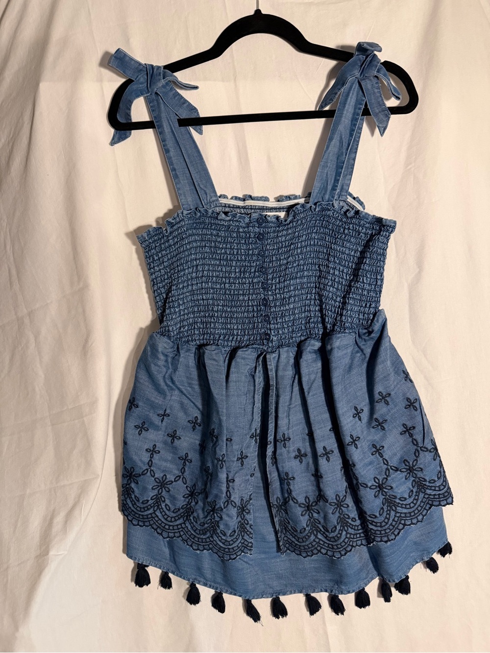 #356 Crown & Ivy Blue Smocked Tie-Shoulder Embroidered Camisole